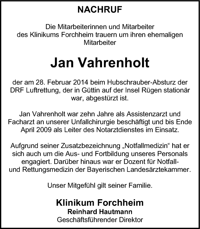  Traueranzeige für Jan Vahrenholt vom 04.03.2014 aus Nordbayerische Nachrichten Forchheim Lokal