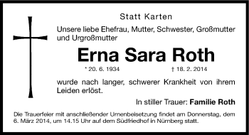 Traueranzeige von Erna Sara Roth von Gesamtausgabe Nürnberger Nachrichten/ Nürnberger Ztg.