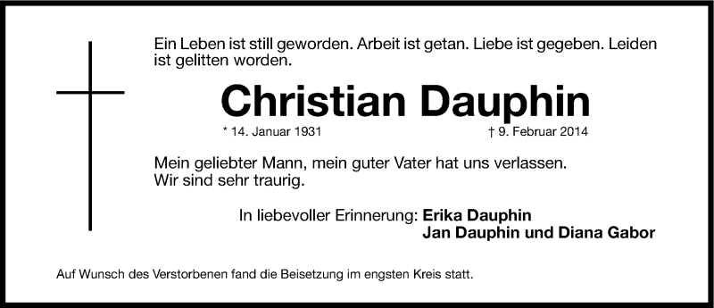  Traueranzeige für Christian Dauphin vom 05.03.2014 aus Gesamtausgabe Nürnberger Nachrichten/ Nürnberger Ztg.