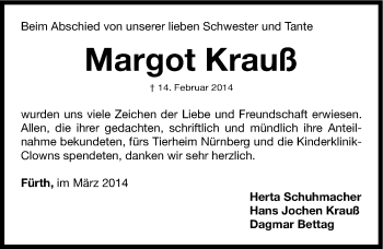 Traueranzeige von Margot Krauß von Fürther Nachrichten Lokal