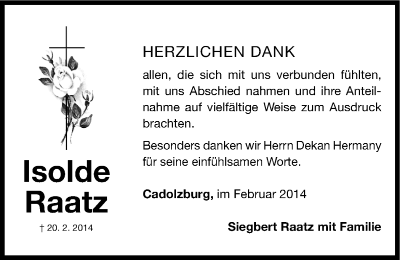  Traueranzeige für Isolde Raatz vom 05.03.2014 aus Fürther Nachrichten Lokal