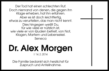 Traueranzeige von Alex Morgen von Gesamtausgabe Nürnberger Nachrichten/ Nürnberger Ztg.