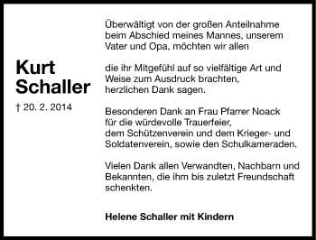Traueranzeige von Kurt Schaller von Roth-Hilpoltsteiner Volkszeitung Lokal
