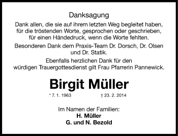 Traueranzeige von Birgit Müller von Gesamtausgabe Nürnberger Nachrichten/ Nürnberger Ztg.