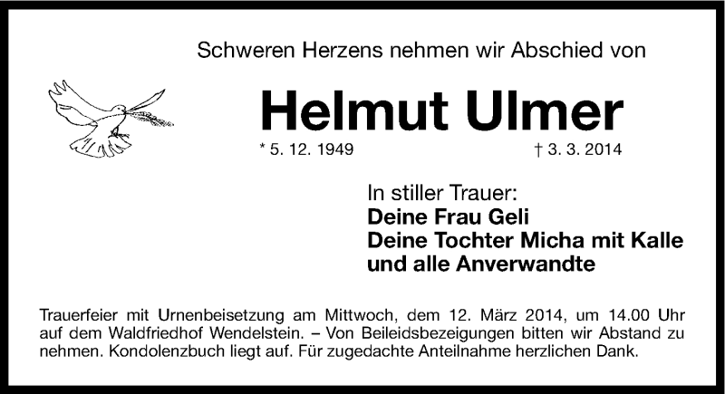  Traueranzeige für Helmut Ulmer vom 08.03.2014 aus Gesamtausgabe Nürnberger Nachrichten/ Nürnberger Ztg.