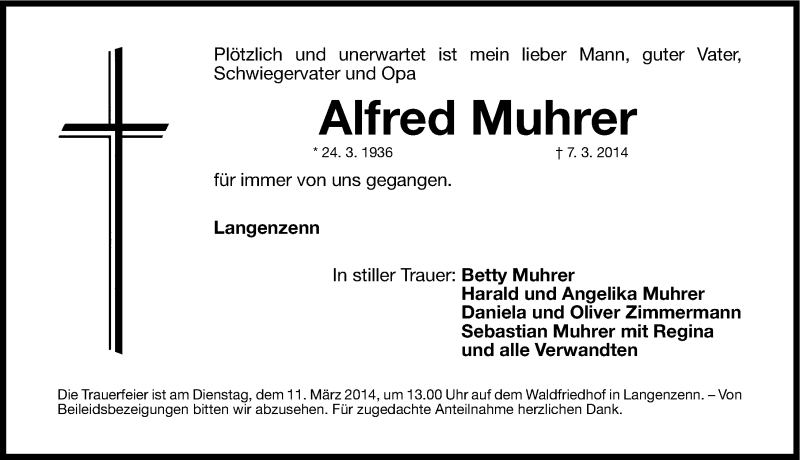  Traueranzeige für Alfred Muhrer vom 10.03.2014 aus Fürther Nachrichten Lokal