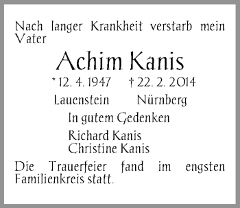 Traueranzeige von Achim Kanis von Gesamtausgabe Nürnberger Nachrichten/ Nürnberger Ztg.