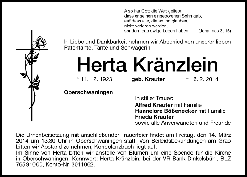  Traueranzeige für Herta Kränzlein vom 12.03.2014 aus Altmühl-Bote Lokal