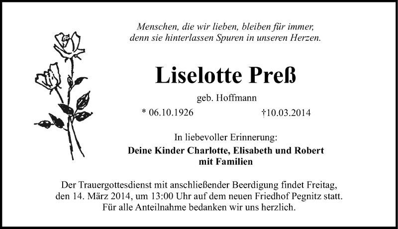  Traueranzeige für Liselotte Preß vom 12.03.2014 aus Nordbayerische Nachrichten Pegnitz Lokal