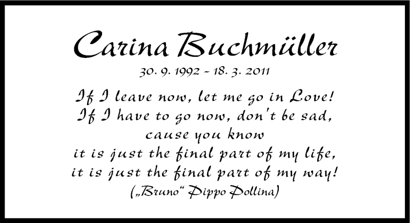  Traueranzeige für Carina Buchmüller vom 18.03.2014 aus Roth-Hilpoltsteiner Volkszeitung Lokal