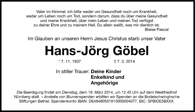  Traueranzeige für Hans-Jörg Göbel vom 15.03.2014 aus Gesamtausgabe Nürnberger Nachrichten/ Nürnberger Ztg.