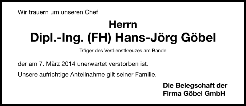  Traueranzeige für Hans-Jörg Göbel vom 15.03.2014 aus Gesamtausgabe Nürnberger Nachrichten/ Nürnberger Ztg.