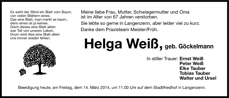  Traueranzeige für Helga Weiß vom 14.03.2014 aus Fürther Nachrichten Lokal