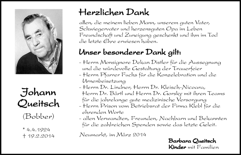  Traueranzeige für Johann Queitsch vom 15.03.2014 aus Neumarkter Nachrichten Lokal