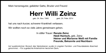 Traueranzeige von Willi Zeinz von Gesamtausgabe Nürnberger Nachrichten/ Nürnberger Ztg.