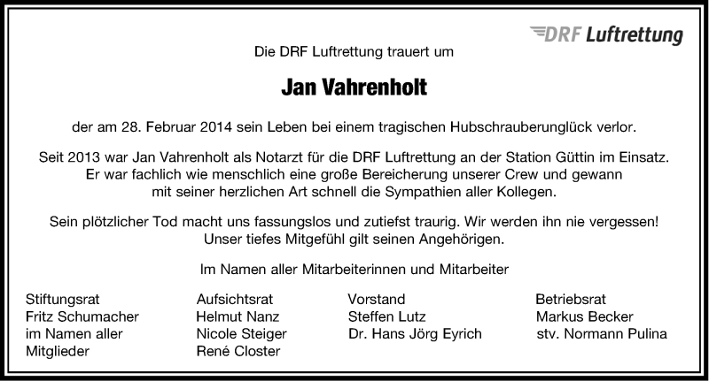  Traueranzeige für Jan Vahrenholt vom 15.03.2014 aus Erlanger Nachrichten Lokal