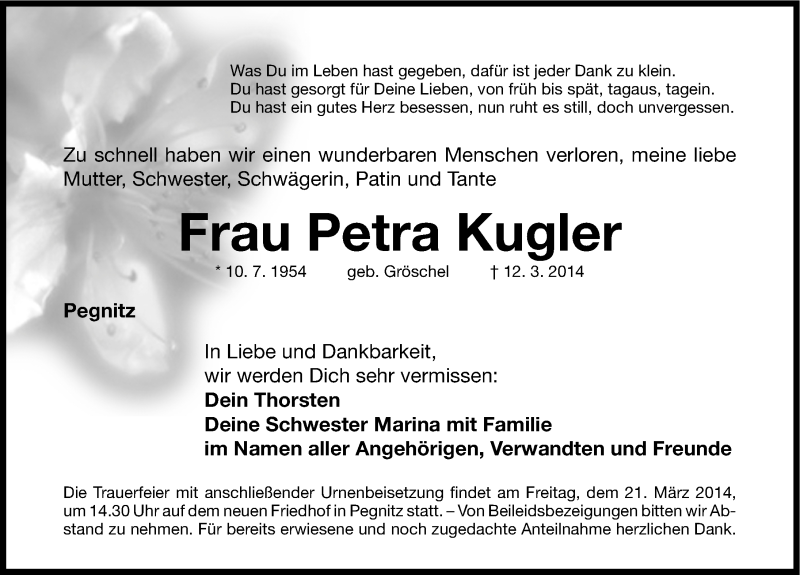  Traueranzeige für Petra Kugler vom 18.03.2014 aus Nordbayerische Nachrichten Pegnitz Lokal