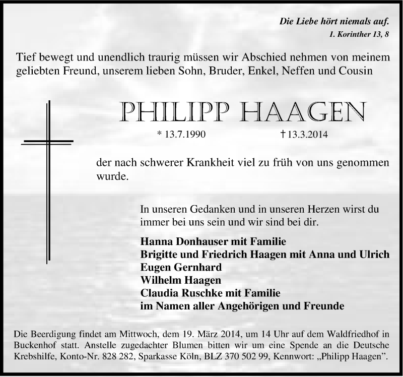  Traueranzeige für Philipp Haagen vom 15.03.2014 aus Erlanger Nachrichten Lokal