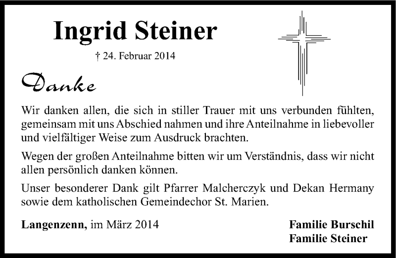  Traueranzeige für Ingrid Steiner vom 21.03.2014 aus Fürther Nachrichten Lokal