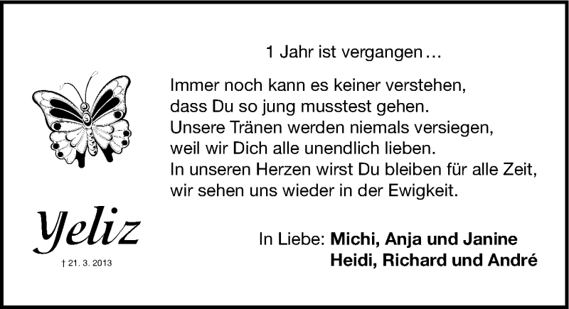  Traueranzeige für Yeliz Kocak vom 21.03.2014 aus Erlanger Nachrichten Lokal