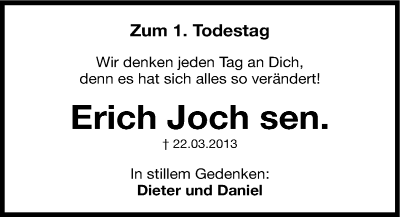  Traueranzeige für Erich Joch vom 22.03.2014 aus Gesamtausgabe Nürnberger Nachrichten/ Nürnberger Ztg.