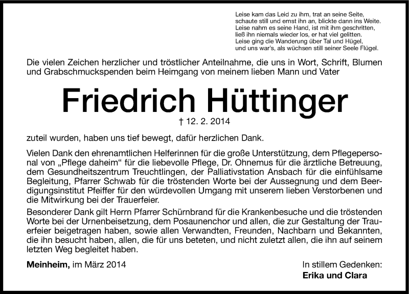  Traueranzeige für Friedrich Hüttinger vom 22.03.2014 aus Altmühl-Bote Lokal