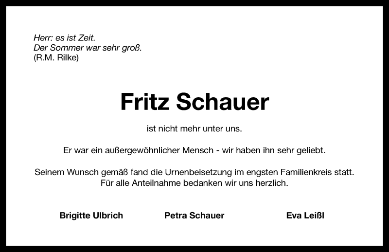  Traueranzeige für Fritz Schauer vom 26.03.2014 aus Nordbayerische Nachrichten Pegnitz Lokal