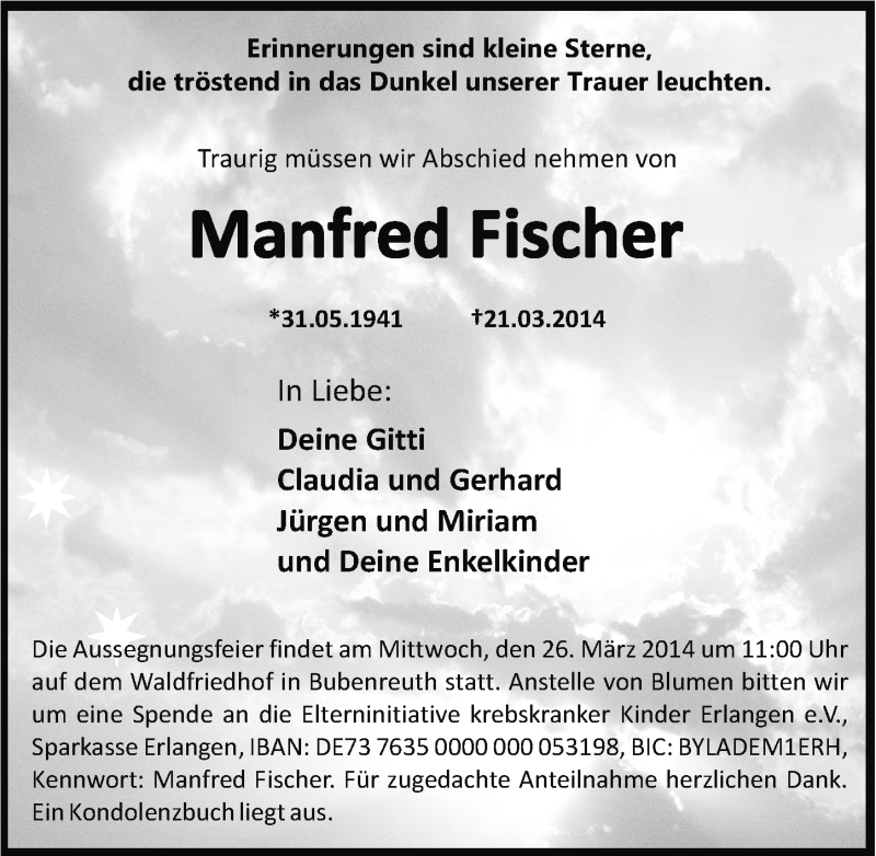  Traueranzeige für Manfred Fischer vom 25.03.2014 aus Erlanger Nachrichten Lokal