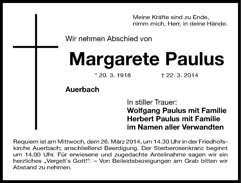  Traueranzeige für Margarete Paulus vom 25.03.2014 aus Nordbayerische Nachrichten Pegnitz Lokal