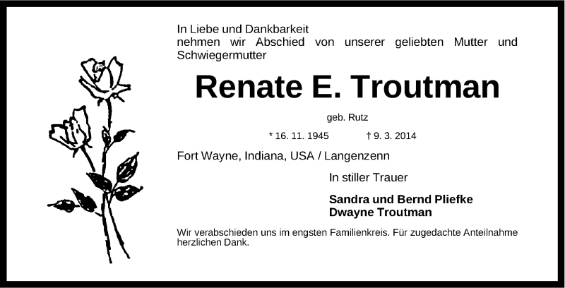  Traueranzeige für Renate E. Troutman vom 29.03.2014 aus Fürther Nachrichten Lokal