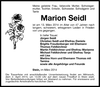 Traueranzeige von Marion Seidl von Fürther Nachrichten Lokal