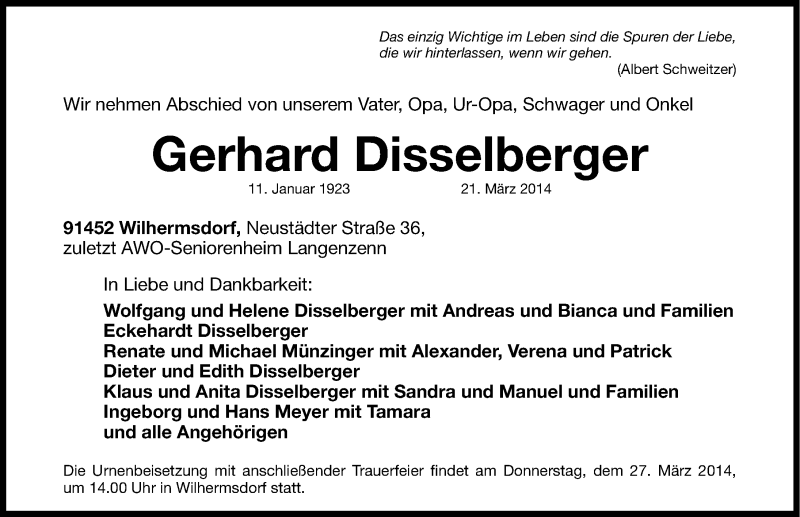  Traueranzeige für Gerhard Disselberger vom 26.03.2014 aus Gesamtausgabe Nürnberger Nachrichten/ Nürnberger Ztg.