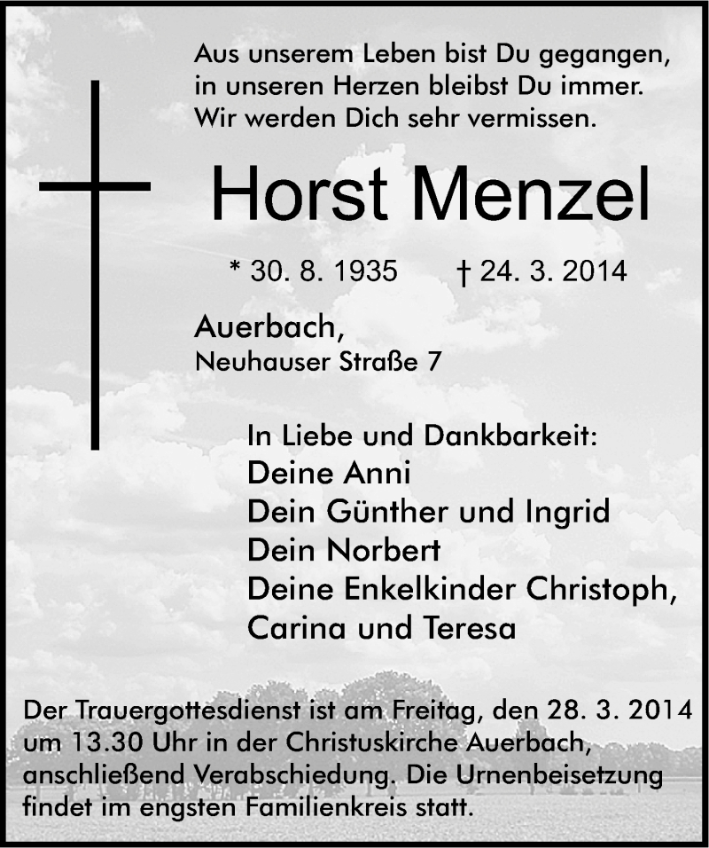  Traueranzeige für Horst Menzel vom 26.03.2014 aus Nordbayerische Nachrichten Pegnitz Lokal