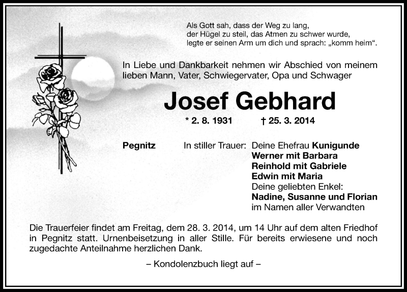  Traueranzeige für Josef Gebhard vom 26.03.2014 aus Nordbayerische Nachrichten Pegnitz Lokal