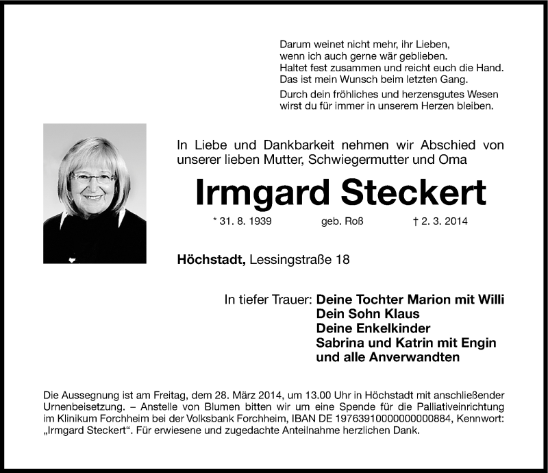  Traueranzeige für Irmgard Steckert vom 26.03.2014 aus Nordbayerische Nachrichten Herzogenaurach Lokal