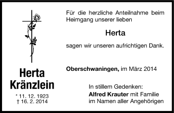 Traueranzeige von Herta Kränzlein von Altmühl-Bote Lokal