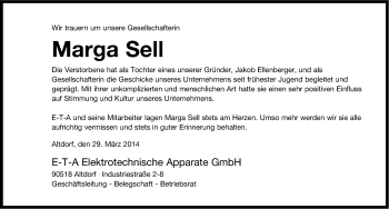 Traueranzeige von Marga Sell von Gesamtausgabe Nürnberger Nachrichten/ Nürnberger Ztg.