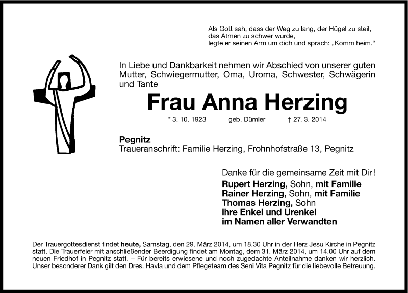  Traueranzeige für Anna Herzing vom 29.03.2014 aus Nordbayerische Nachrichten Pegnitz Lokal