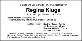 Traueranzeige von Regina Kluge von Gesamtausgabe Nürnberger Nachrichten/ Nürnberger Ztg.