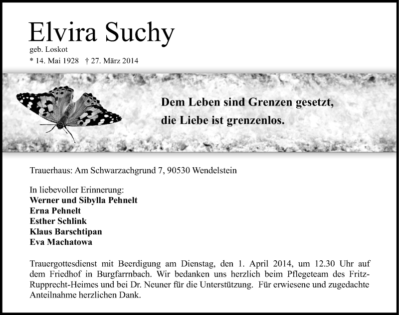  Traueranzeige für Elvira Suchy vom 29.03.2014 aus Fürther Nachrichten Lokal