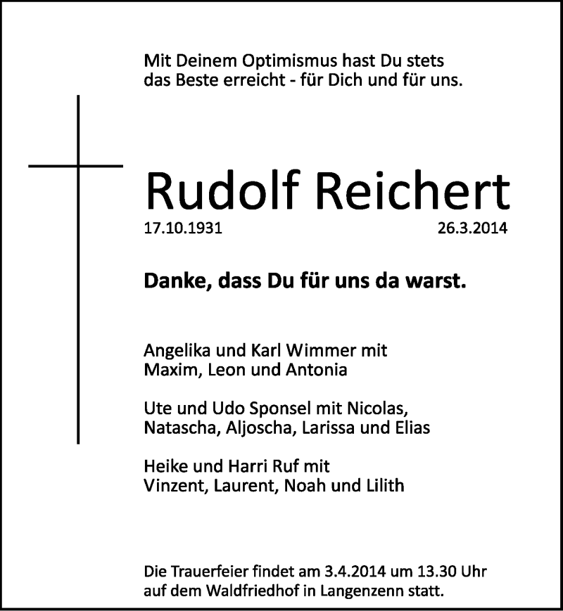  Traueranzeige für Rudolf Reichert vom 31.03.2014 aus Fürther Nachrichten Lokal