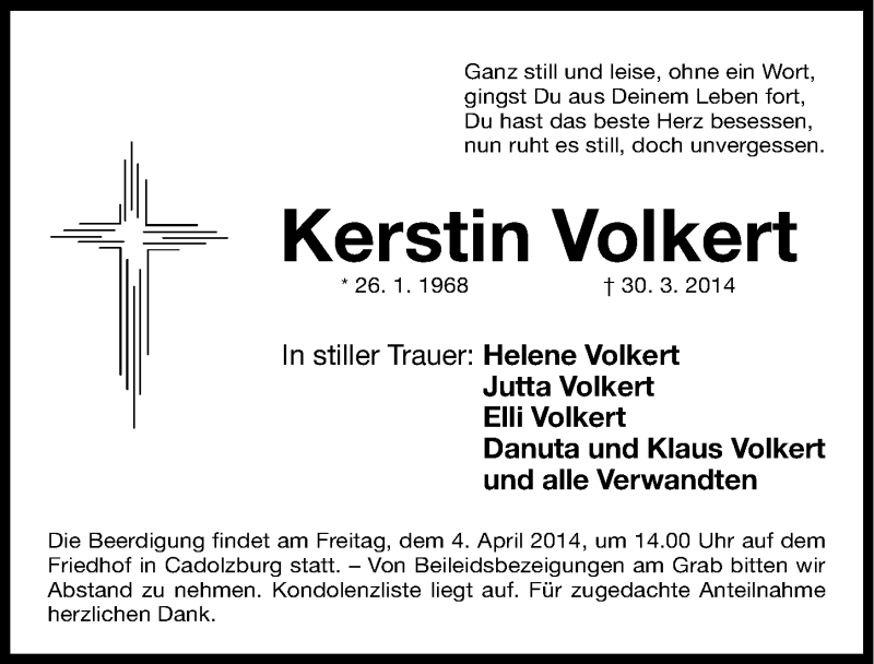  Traueranzeige für Kerstin Volkert vom 03.04.2014 aus Fürther Nachrichten Lokal