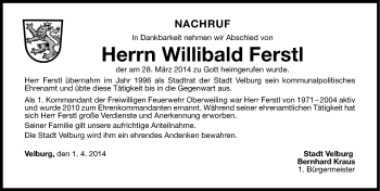 Traueranzeige von Willibald Ferstl von Neumarkter Nachrichten Lokal