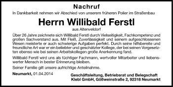 Traueranzeige von Willibald Ferstl von Neumarkter Nachrichten Lokal
