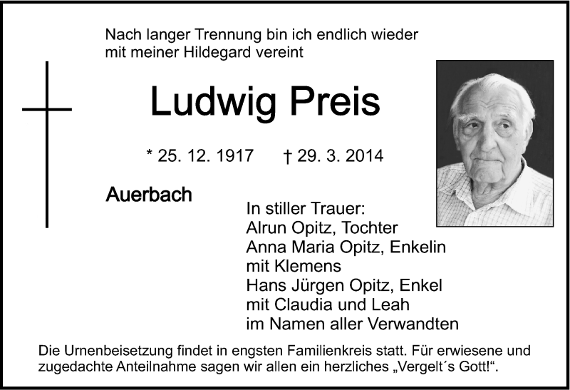  Traueranzeige für Ludwig Preis vom 02.04.2014 aus Nordbayerische Nachrichten Pegnitz Lokal