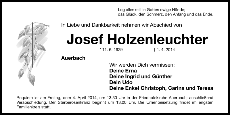  Traueranzeige für Josef Holzenleuchter vom 02.04.2014 aus Nordbayerische Nachrichten Pegnitz Lokal