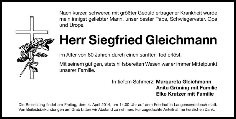  Traueranzeige für Siegfried Gleichmann vom 03.04.2014 aus Erlanger Nachrichten Lokal