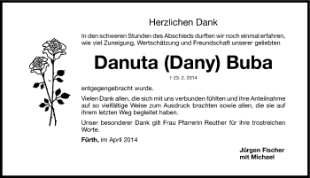 Traueranzeige von Danuta Buba von Fürther Nachrichten Lokal