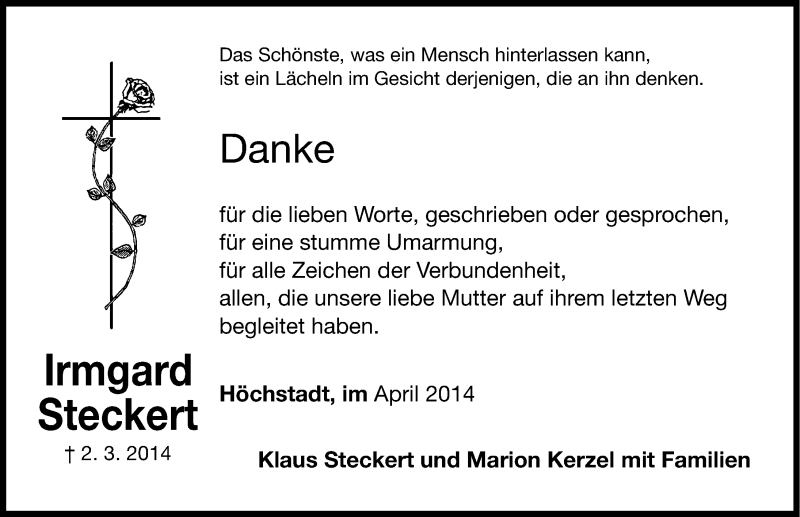  Traueranzeige für Irmgard Steckert vom 05.04.2014 aus Nordbayerische Nachrichten Herzogenaurach Lokal