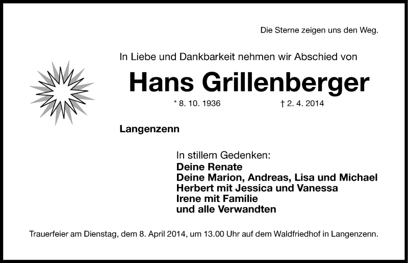  Traueranzeige für Hans Grillenberger vom 05.04.2014 aus Fürther Nachrichten Lokal